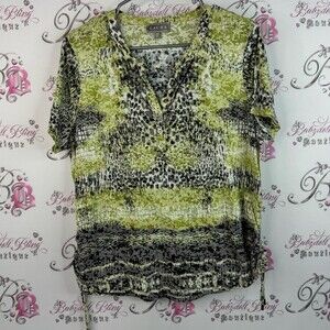 Laura tshirt animal print cheetah button down Green and Black Patterned Blouse